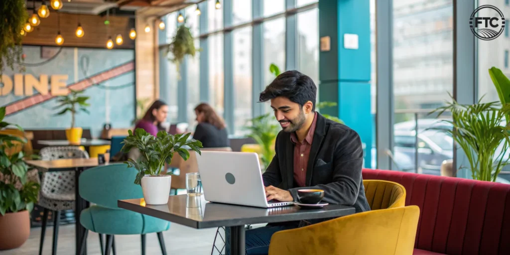 A young Pakistani freelancer working successfully from a cafe, representing the potential of freelancing in Pakistan.